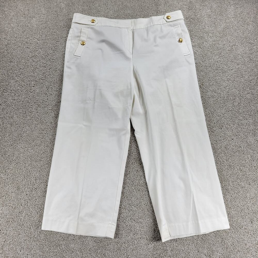 Talbots Womens Cropped Pants 12 White Wide Leg Capri Gold Button Pockets Stretch